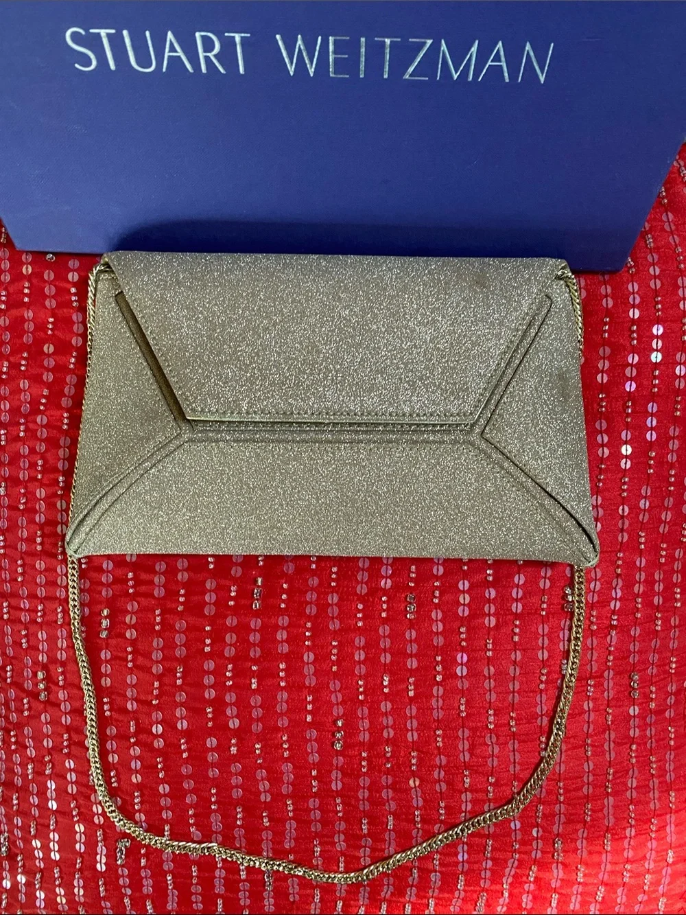 Stuart Weitzman With Certificates Sparkling Gold Logo Lining Bag With Gold Chain